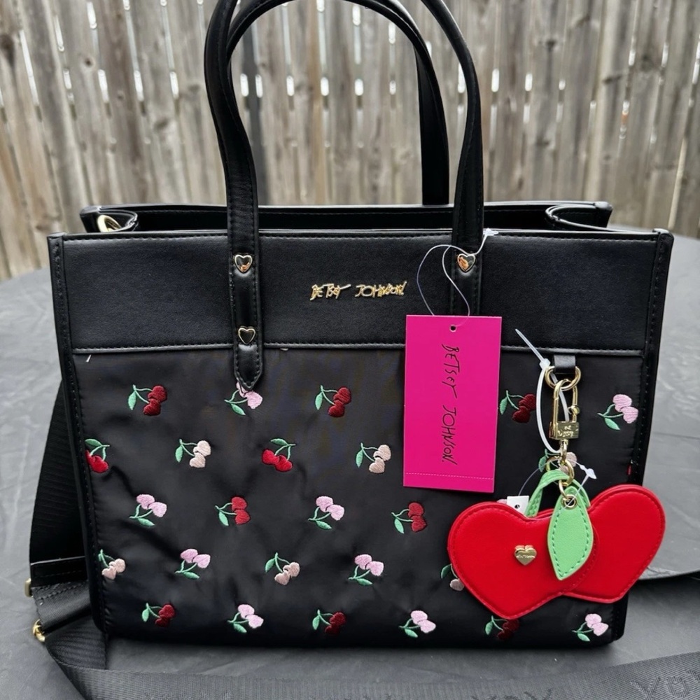 Betsey Johnson Black Tote with Cherry Embroidery